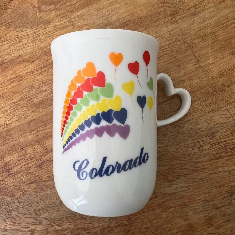 Vintage 80s Rainbow Colorado Hearts Tea Cup Coffee Mug